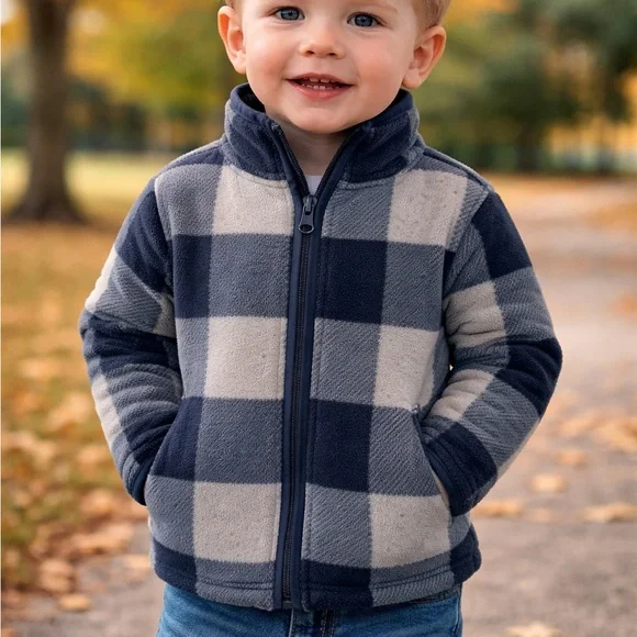 OshKosh B’gosh Toddler Fleece Zip Jacket Navy Blue & Gray Plaid | 2T - Picture 1 of 6